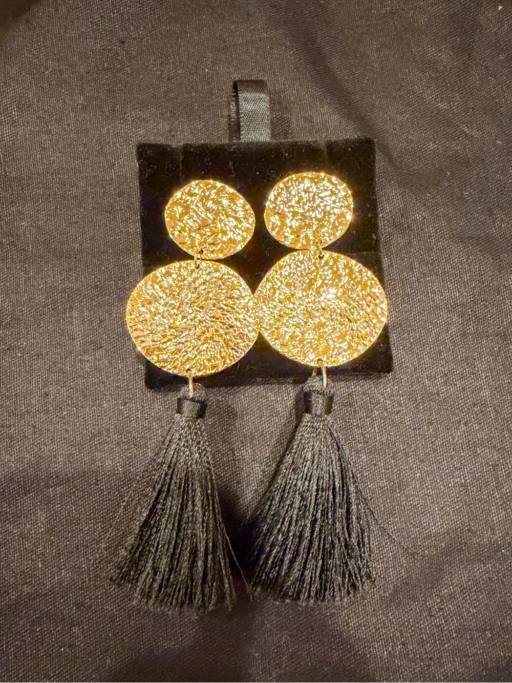 Gorjana Gold Tone Hammered Disc Black Tassel Drop Dangle Earrings Statement
